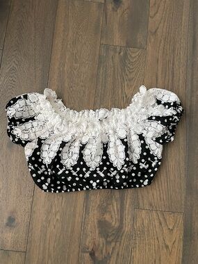 Miguelina Black and White Lace-Trim Polka Dot Cotton Crop Top Sz XS